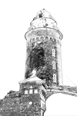 El çizimi suluboya deniz feneri illüstrasyon sanat klasiği çizimi
