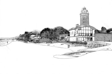 El çizimi suluboya deniz feneri illüstrasyon sanat klasiği çizimi