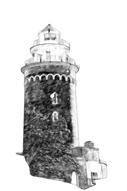 El çizimi suluboya deniz feneri illüstrasyon sanat klasiği çizimi