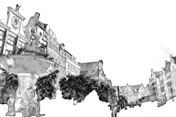 Akvarell Skiss Eller Illustration Vacker Utsikt Över Arkitekturen Staden Gdansk — Stockfoto