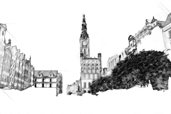 Akvarel Náčrt Nebo Ilustrace Krásného Výhledu Architekturu Města Gdaňsk Polsku — Stock fotografie