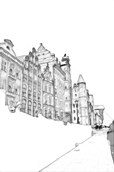 폴란드의 그단스크 건축물의 아름다운 모습을 스케치 — 스톡 사진