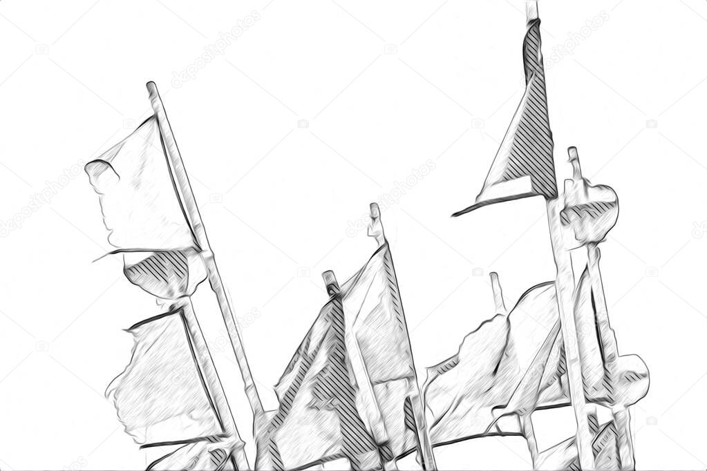 Colorful nautical sailing flags flying in the wind art illustration vintage drawing