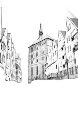 Kolobrzeg eski şehir, belediye binası, poland resim çizimi