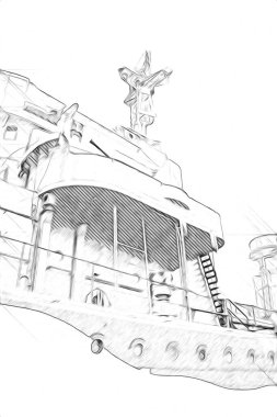 Savaş gemisi deniz illüstrasyonu antika sanat eseri çizimi