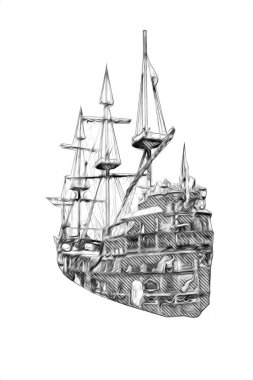 Deniz illüstrasyonunda yelken açan korsan gemisi klasik eskiz çiziyor.
