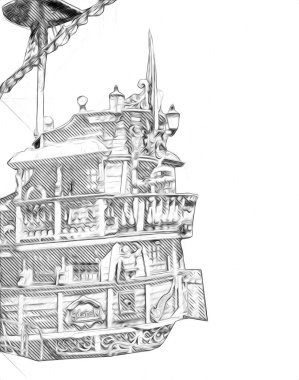 Deniz illüstrasyonunda yelken açan korsan gemisi klasik eskiz çiziyor.