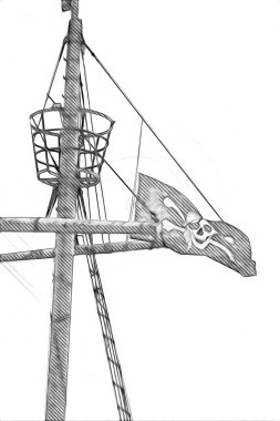 Korsan bayrağında kafatası ve kemikler, resim çizimi klasik