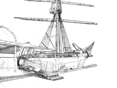 Antika tekne deniz motifi el yapımı sanat eseri çizimi