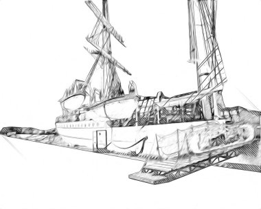 Antika tekne deniz motifi el yapımı sanat eseri çizimi