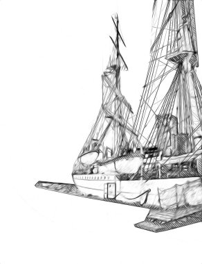 Antika tekne deniz motifi el yapımı sanat eseri çizimi