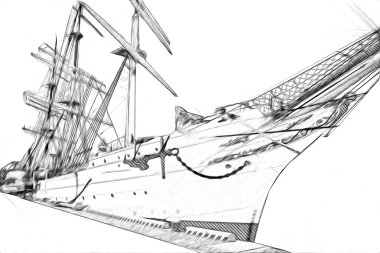 Antika tekne deniz motifi el yapımı sanat eseri çizimi