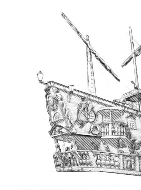 Antika tekne deniz motifi el yapımı sanat eseri çizimi