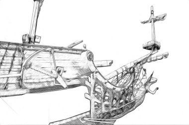 Antika tekne deniz motifi el yapımı sanat eseri çizimi