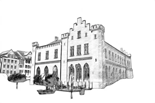 Kolobrzeg Oude Stad Stadhuis Polen Illustratie Tekening Schets — Stockfoto