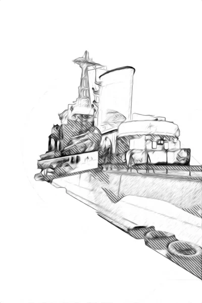 Bitevní Loď Moře Ilustrace Starožitné Vinobraní Umění Kresba — Stock fotografie