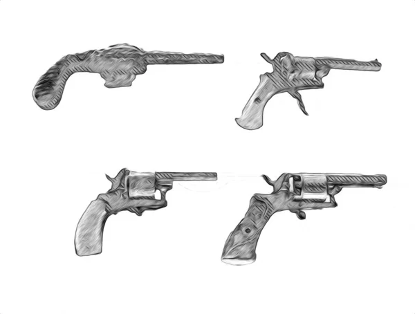 Revolver Hand Drawn Vintage Gun Illustration Engraving Style Old Pistols — Stock Photo, Image