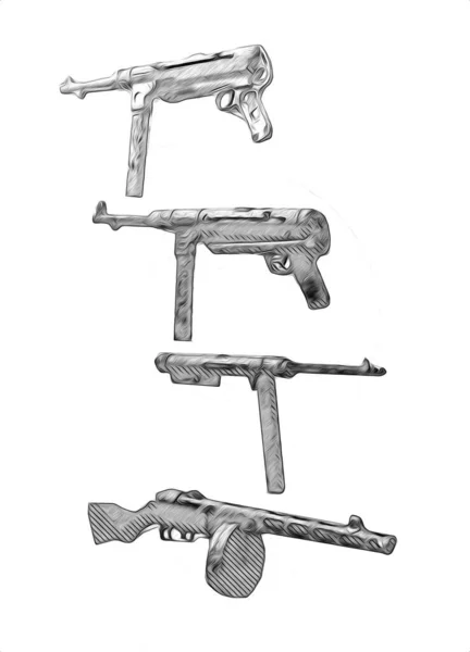 Револьвер Рисунок Винтажного Пистолета Ручной Работы Набор Пистолетов Стиле Гравировки — стоковое фото