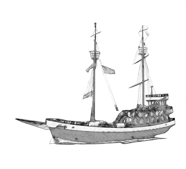 Navio Pirata Navegando Mar Ilustração Arte Desenho Esboço Vintage — Fotografia de Stock