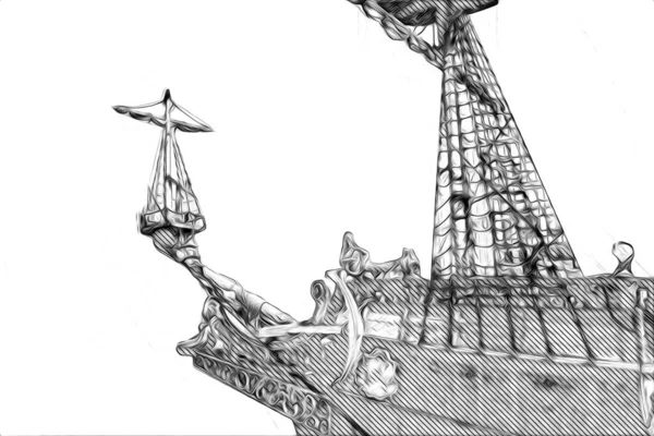 Bateau Pirate Naviguant Sur Mer Illustration Art Dessin Croquis Vintage — Photo