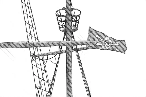 骷髅和骷髅挂在海盗旗上 绘画素描 — 图库照片