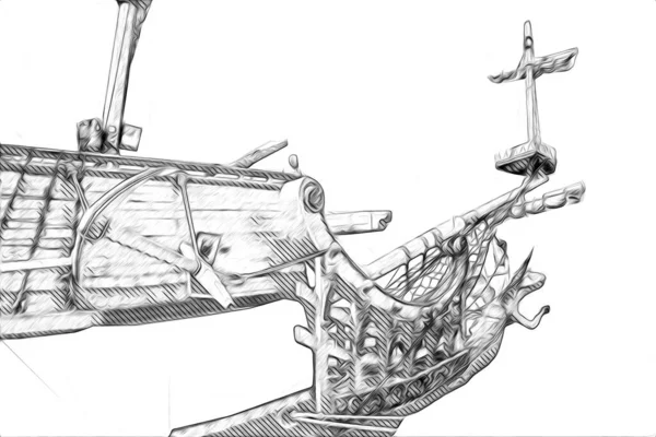 Антикварная Лодка Морской Мотив Рисование Ручной Работы Иллюстрации Художественный Винтажный — стоковое фото