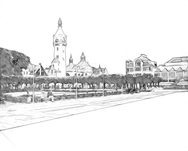 Vierkante Promenade Architctuur Oriëntatiepunt Sopot Kunst Illustratie Tekening — Stockfoto