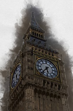 Londra 'nın büyük Ben sanat eseri çizimi, çizim, eğlenceli tasarım, antika retro