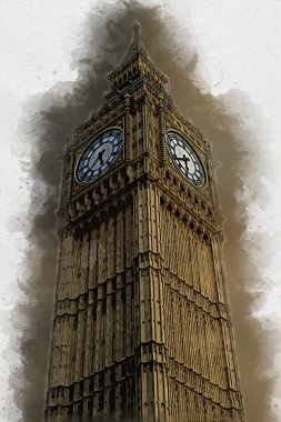 Londra 'nın büyük Ben sanat eseri çizimi, çizim, eğlenceli tasarım, antika retro