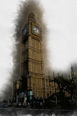 Londra 'nın büyük Ben sanat eseri çizimi, çizim, eğlenceli tasarım, antika retro