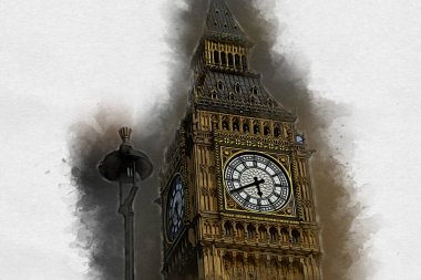 Londra 'nın büyük Ben sanat eseri çizimi, çizim, eğlenceli tasarım, antika retro