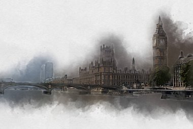 Londra 'nın büyük Ben sanat eseri çizimi, çizim, eğlenceli tasarım, antika retro