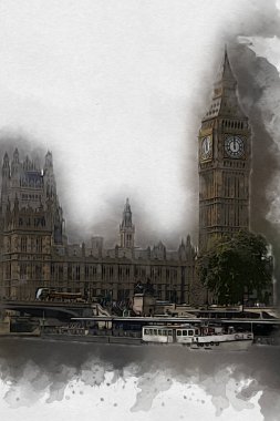 Londra 'nın büyük Ben sanat eseri çizimi, çizim, eğlenceli tasarım, antika retro