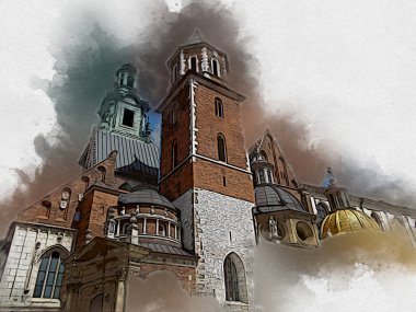 Eski şehir Krakow sanat illüstrasyonları antika