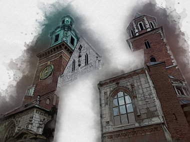 Eski şehir Krakow sanat illüstrasyonları antika