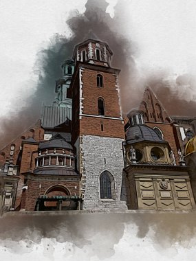 Eski şehir Krakow sanat illüstrasyonları antika