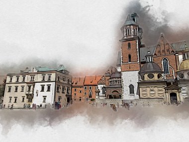 Eski şehir Krakow sanat illüstrasyonları antika