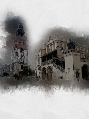 Eski şehir Krakow sanat illüstrasyonları antika