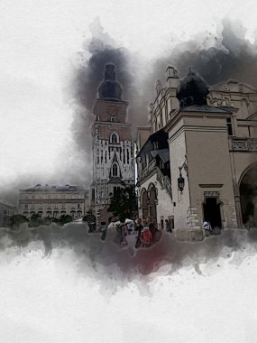 Eski şehir Krakow sanat illüstrasyonları antika