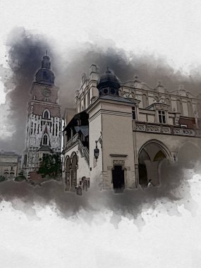 Eski şehir Krakow sanat illüstrasyonları antika