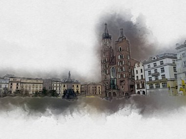 Eski şehir Krakow sanat illüstrasyonları antika