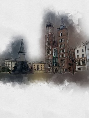 Eski şehir Krakow sanat illüstrasyonları antika