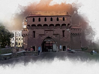 Eski şehir Krakow sanat illüstrasyonları antika