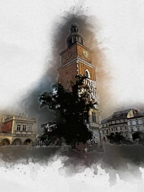 Eski şehir Krakow sanat illüstrasyonları antika