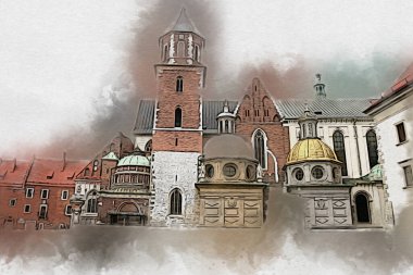 Eski şehir Krakow sanat illüstrasyonları antika