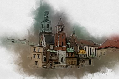 Eski şehir Krakow sanat illüstrasyonları antika