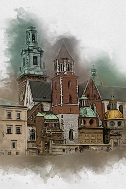 Eski şehir Krakow sanat illüstrasyonları antika