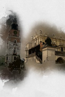 Eski şehir Krakow sanat illüstrasyonları antika