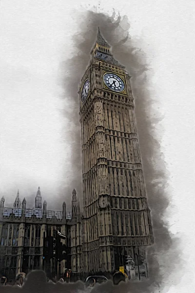 London Big Ben Art Drawing Sketch Illustration Fun Design Vintage — стоковое фото