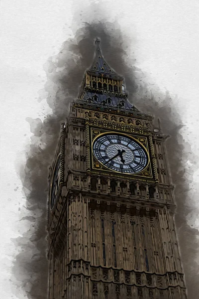 London Big Ben Art Drawing Illustrch Fun Design Vintage Retro — стокове фото